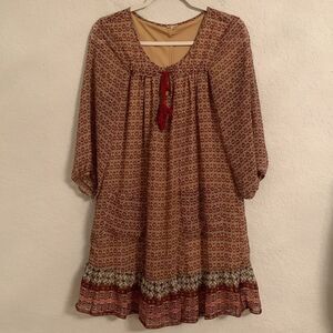 AUW Anthropologie Red Brown Patterned Loose Fit Tassle Pockets Dress Size M